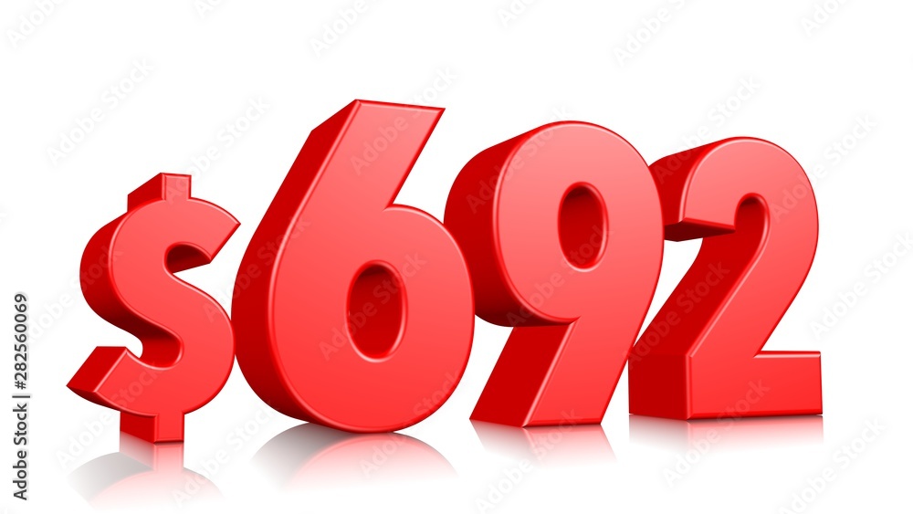 692$ Six hundred ninety two price symbol. red text number 3d render with dollar sign on white background 692$ Six hundred ninety two price symbol. red text number 3d render with dollar sign on white background