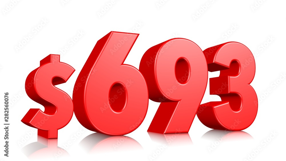 693$ Six hundred ninety three price symbol. red text number 3d render with dollar sign on white background 693$ Six hundred ninety three price symbol. red text number 3d render with dollar sign on white background