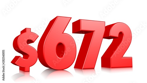672$ Six hundred seventy two price symbol. red text number 3d render with dollar sign on white background