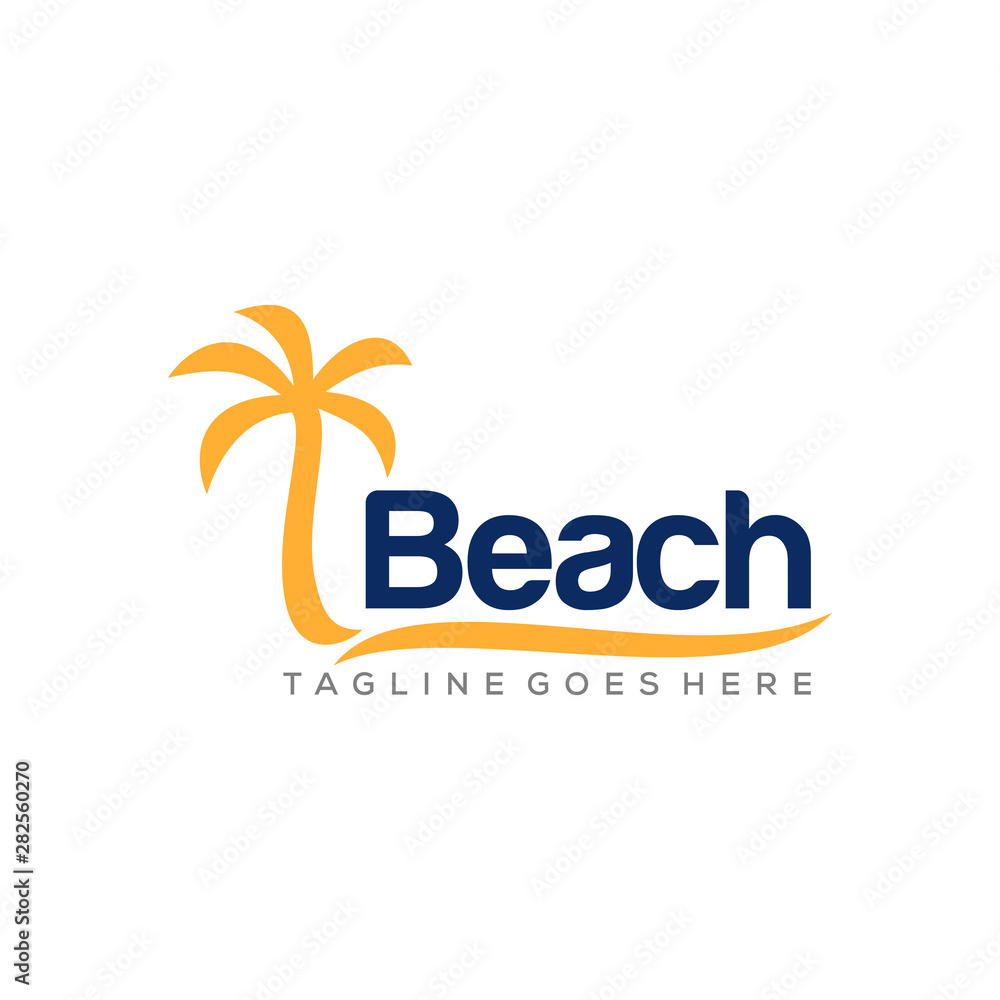 Illustration Beauty beach with the wave and coconut tree palm sign logo design