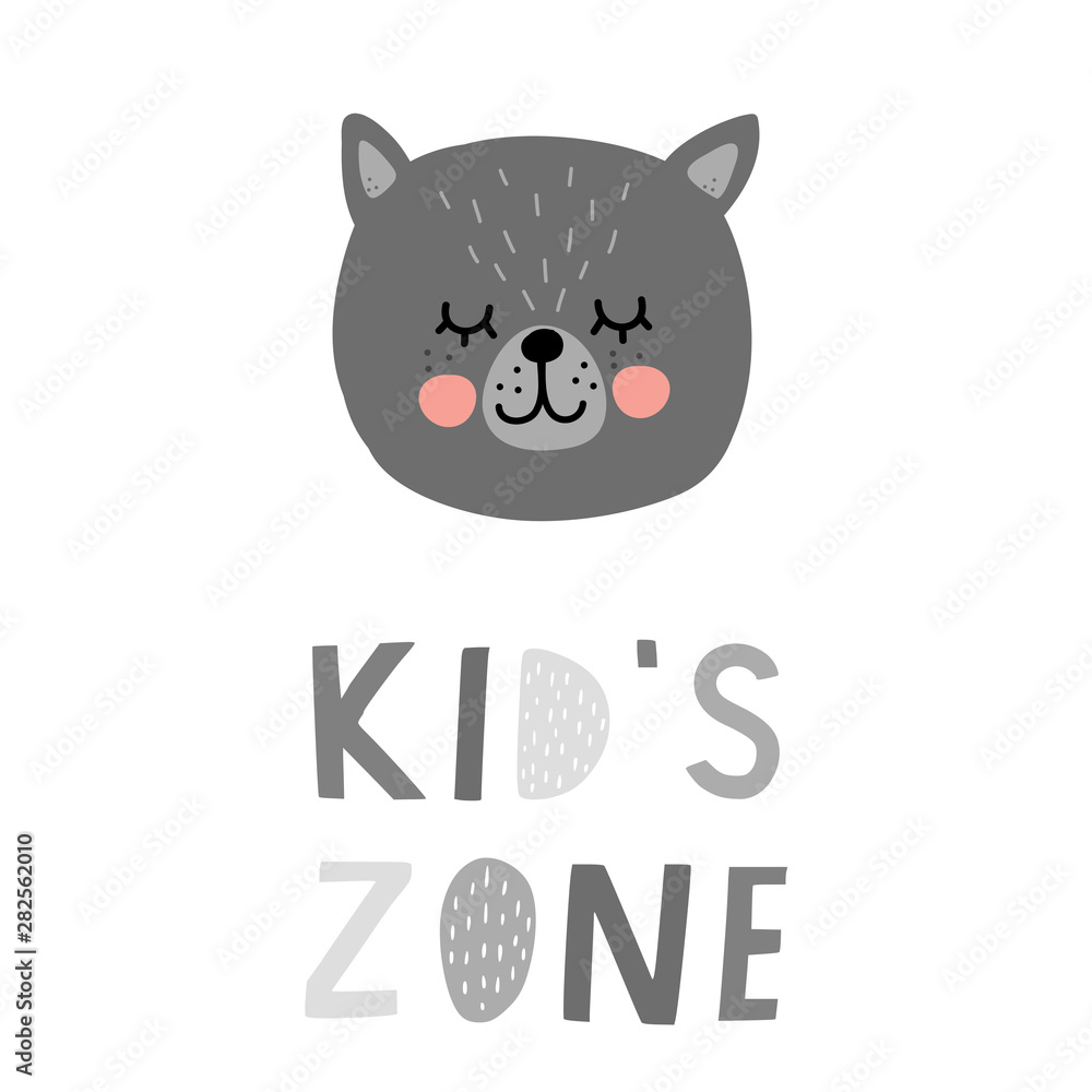 Baby print with cat, kids zone. Hand drawn vector illustration for poster, card, label, banner, flyer, baby wear, kids room decoration. Scandinavian style Baby print with cat, kids zone. Hand drawn vector illustration for poster, card, label, banner, flyer, baby wear, kids room decoration. Scandinavian style