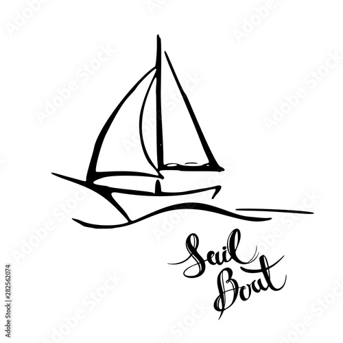 Sailing yacht in the sea icon. Line doodle sketch. Editable stroke icon.