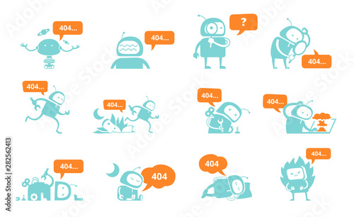 Robot set. 404 error page, not found. System crash. Spaceman running repairs. Flat blue silhouette vector Illustration.