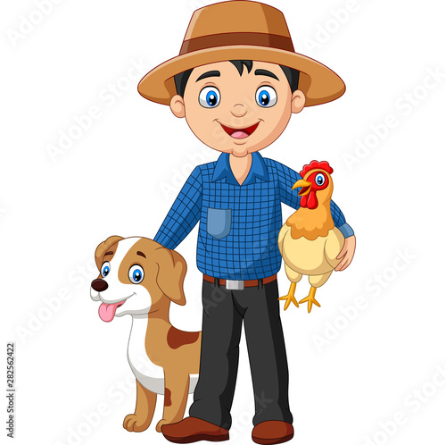 Cartoon young farmer with hen and dog