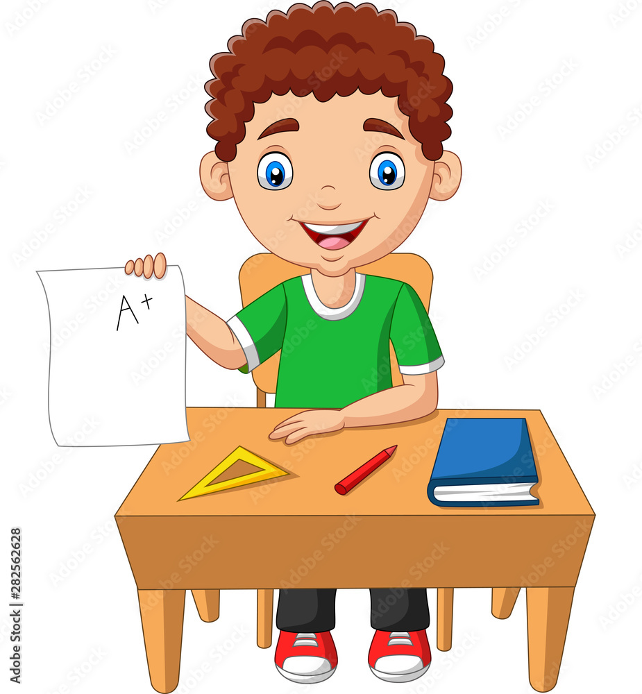 Cartoon little boy holding paper with A plus grade Cartoon little boy holding paper with A plus grade