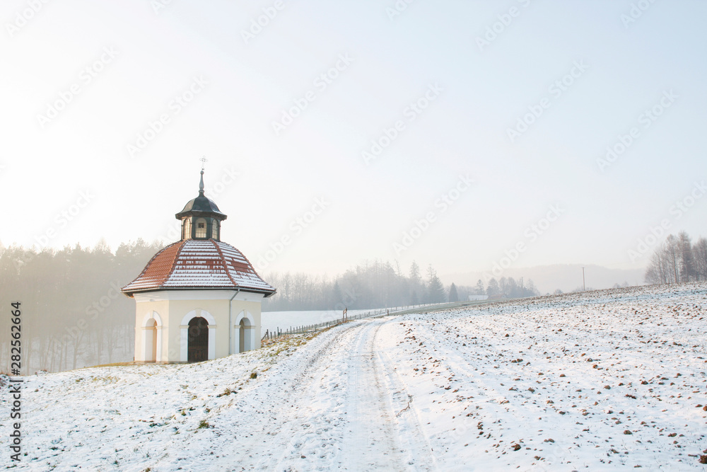 KALWARIA-ZEBRZYDOWSKA, POLAND - FEBRUARY 11, 2019: Chapels of Way of Cross, architectural and park landscape complex