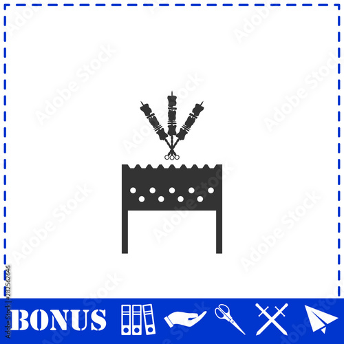 Barbecue grill with shashlik icon flat