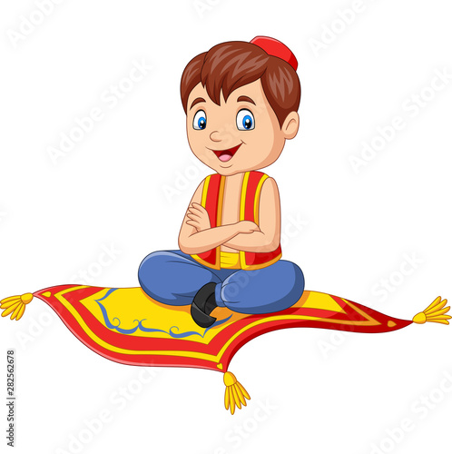 Foto Cartoon aladdin travelling on flying carpet