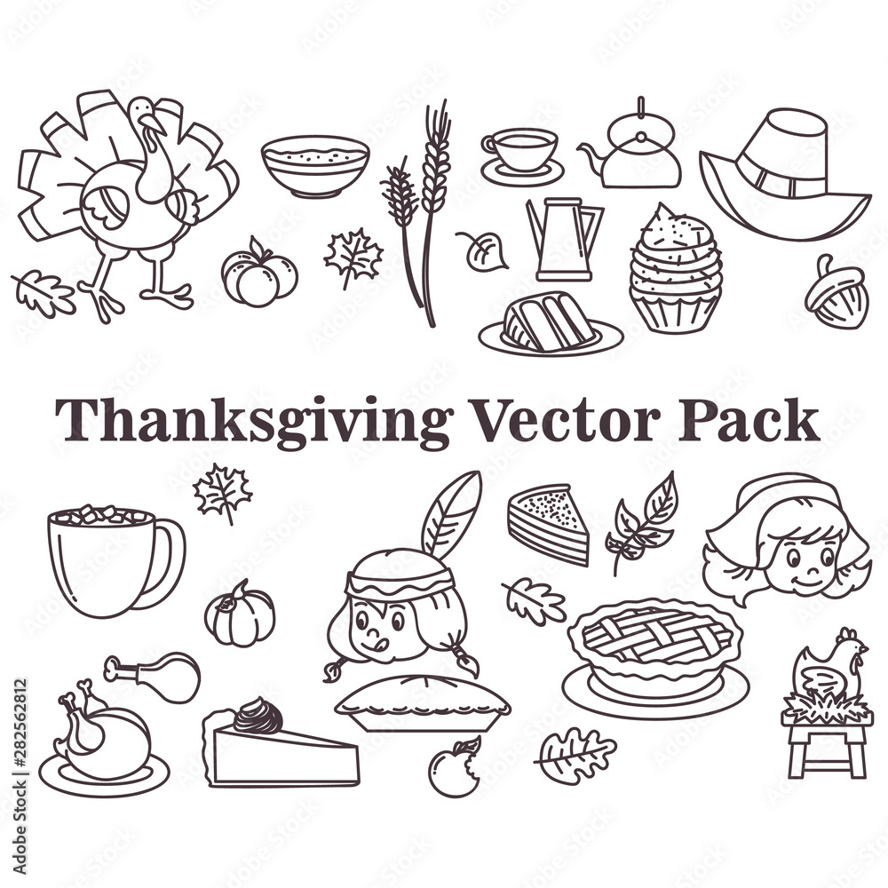 thanksgiving doodle line hand drawing collection