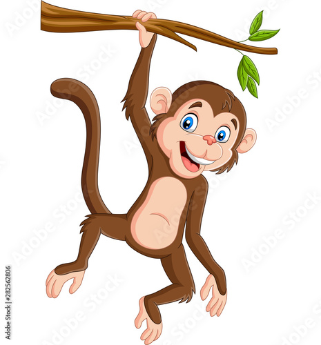 Cartoon monkey hanging in tree branch