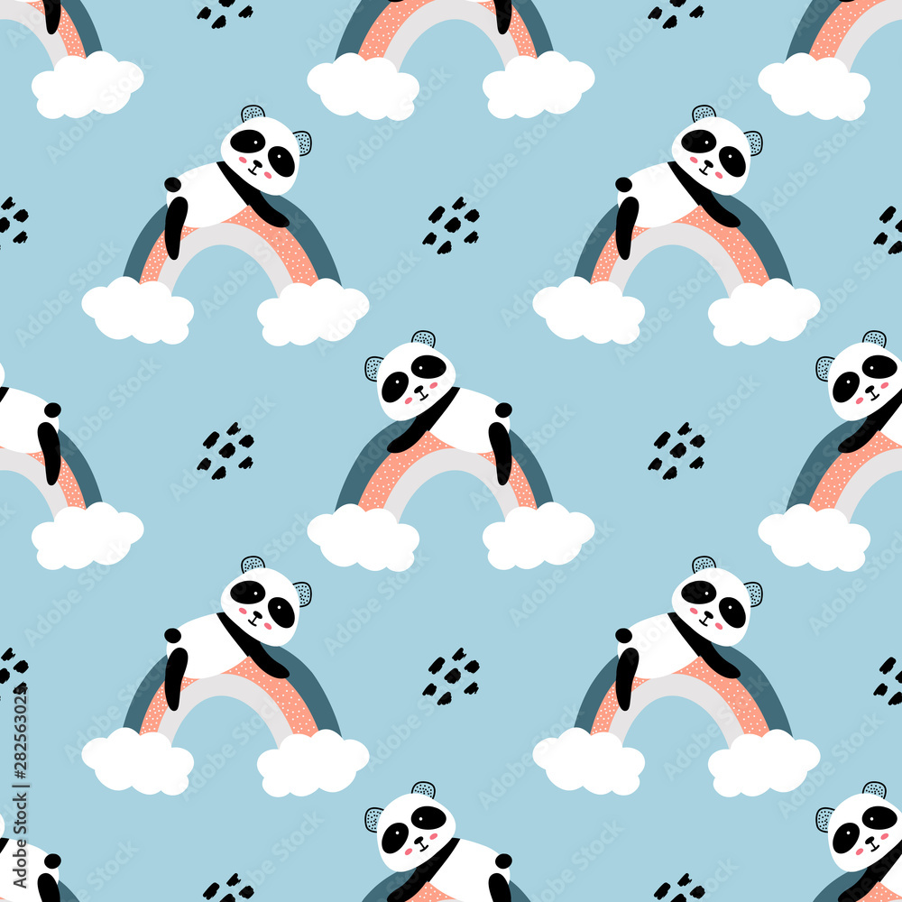 Naklejka premium Cute panda on the rainbow seamless pattern background. Design for fabric, wrapping, textile, wallpaper, apparel.
