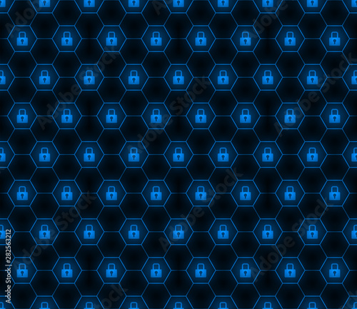 Lock hexagon seamless pattern, security wallpaper, digital data concept.
