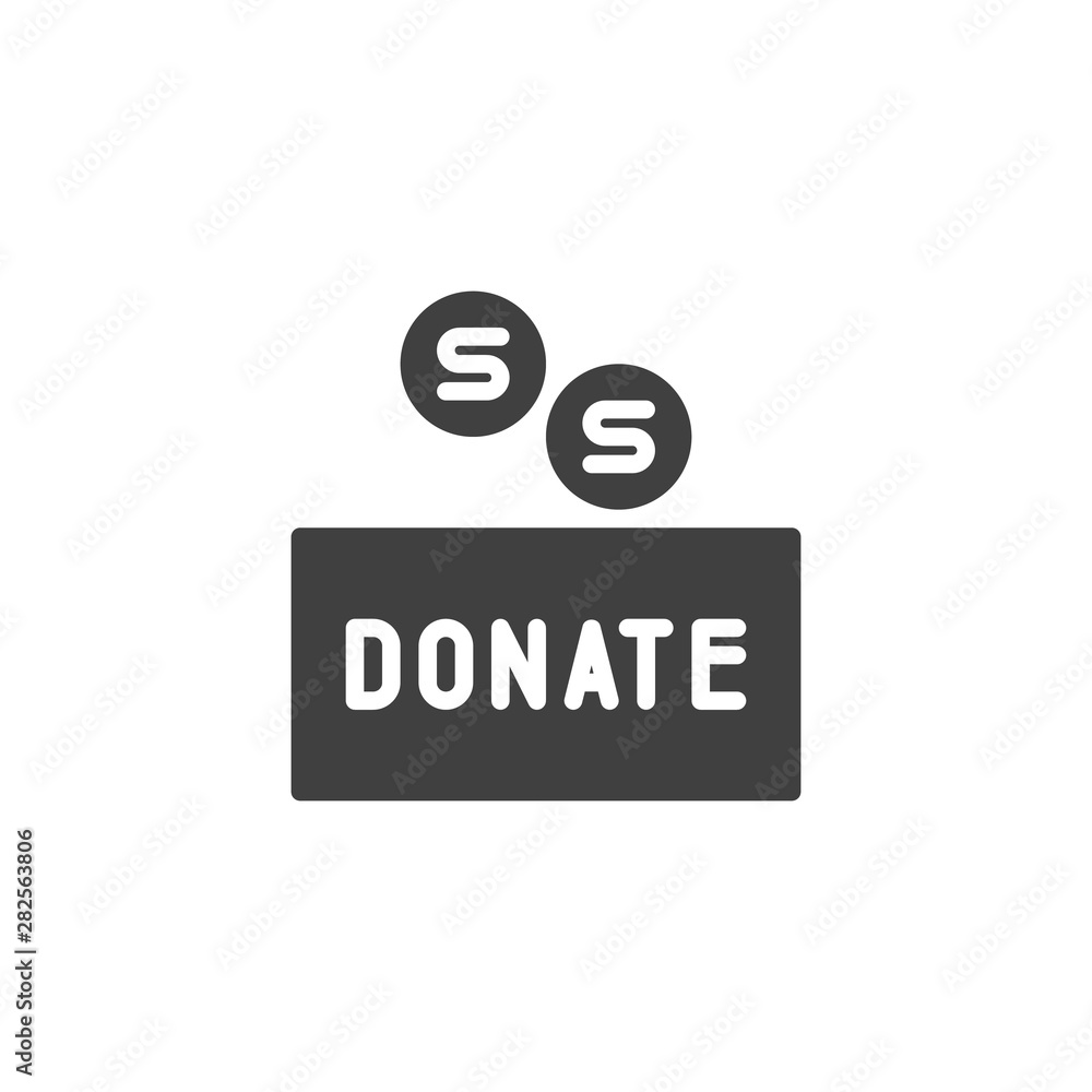 Donation box with coins vector icon. filled flat sign for mobile concept and web design. Charity and donate box glyph icon. Symbol, logo illustration. Vector graphics Donation box with coins vector icon. filled flat sign for mobile concept and web design. Charity and donate box glyph icon. Symbol, logo illustration. Vector graphics