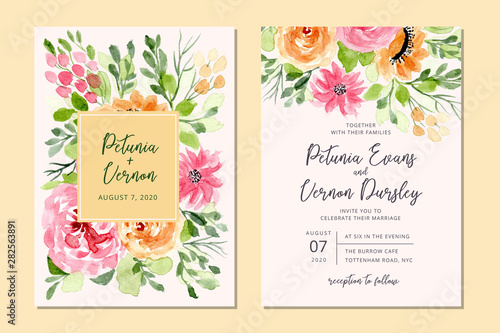 wedding invitation card with floral watercolor background