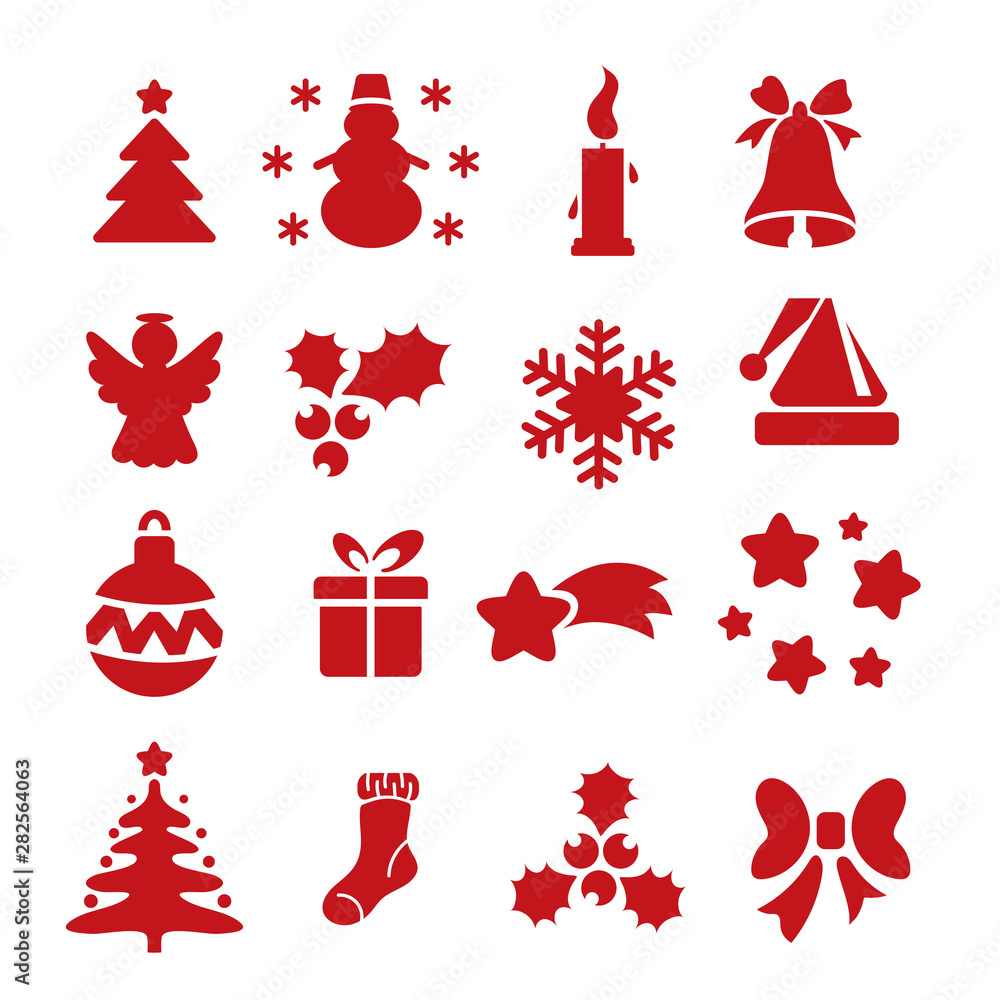 Set of icon of New Year stencils. Vector collection of template.  Silhouettes of Christmas tree, snowman, snowflake, falling star, ball,  gift, candle, hat, angel. Laser cutting, wood carving sample. Stock Vector |