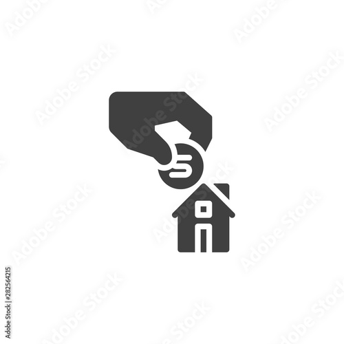 Money donation hand and home vector icon. filled flat sign for mobile concept and web design. Hand put coin inside the house glyph icon. Symbol, logo illustration. Vector graphics