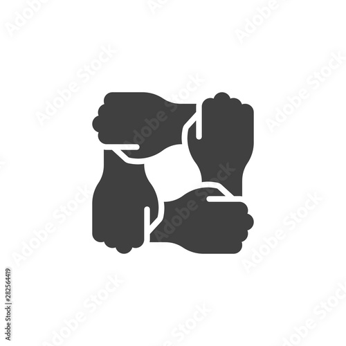 Solidarity hands vector icon. filled flat sign for mobile concept and web design. Four hands hold together glyph icon. Charity organization and donation community symbol, logo illustration.