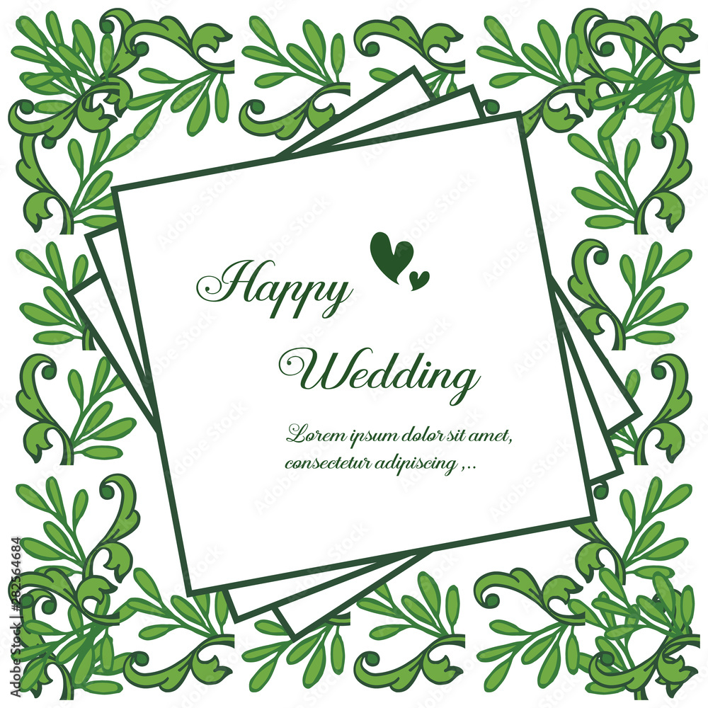 Template for happy wedding, colorful flower and frame of leaf branches. Vector