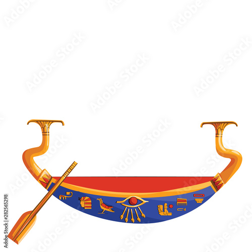 Ancient Egypt wooden boat with paddle for sun god trip cartoon vector illustration