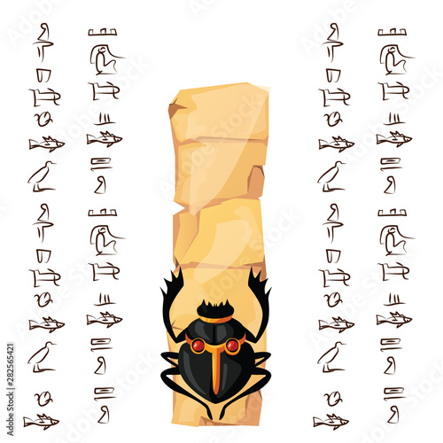 Ancient Egypt papyrus part or or stone column with sacred scarab beetle cartoon vector illustration. Egyptian culture symbol, blank unfolded ancient paper with ibis and hieroglyphs, isolated on white