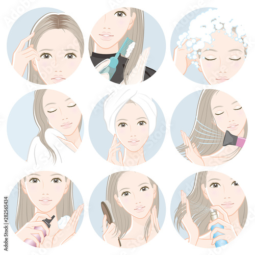 ヘアケアをしている女性のイラスト