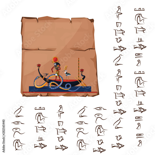 Ancient Egypt papyrus cartoon vector with hieroglyphs and Egyptian culture religious symbols, Ra, sun god at night sails in boat on underground river and fights with chaos god serpent Apophis