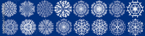 Set of 16 snowflakes of white color on a dark blue background in the style of hand-drawing. Elements for creating designs on the theme of winter  cold  frost  space.