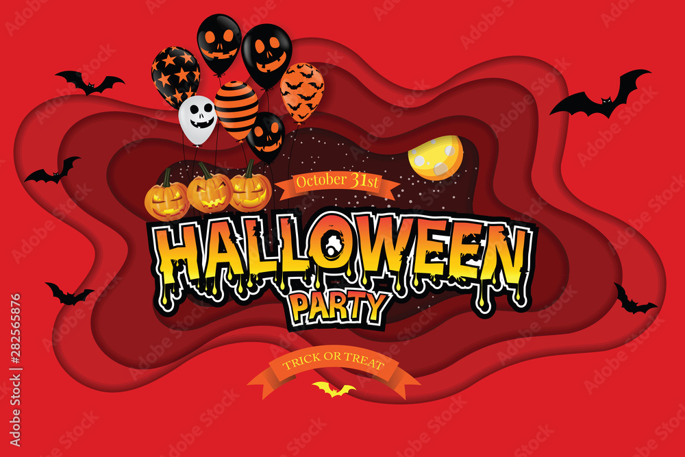 Cut paper Happy Halloween festive abstract background, 3D paper art frame, cut paper texture colorful paper layers, Scary air balloons, moon. Holiday party invitation. illustrator vector Eps10