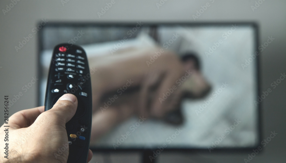 Jporn Tv Com Com - Hand holding TV remote controller. Watching porn Stock Photo | Adobe Stock