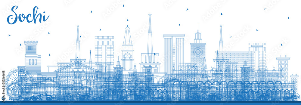Outline Sochi Russia City Skyline with Blue Buildings.