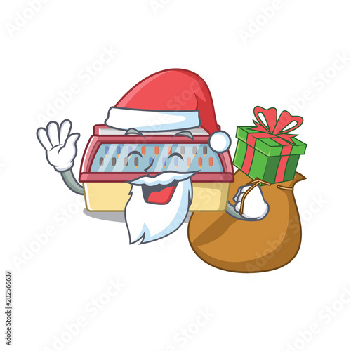 Santa with gift ice cream freezer in cartoon shop