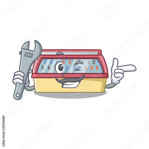Mechanic ice cream freezer in cartoon shop