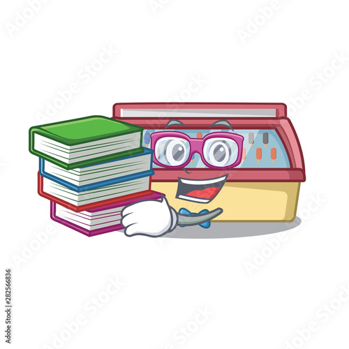 Student with book ice cream freezer in cartoon shop