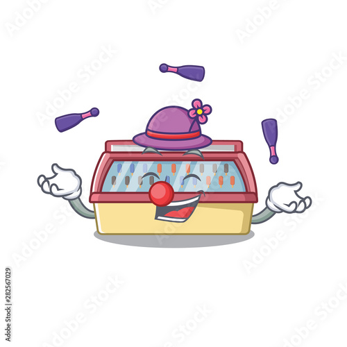 Juggling ice cream freezer in cartoon shop