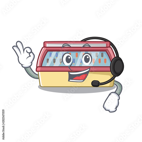 With headphone ice cream freezer in cartoon shop