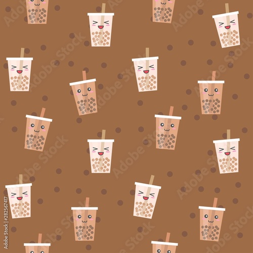 Bubble tea or Pearl milk tea cartoon seamless pattern
