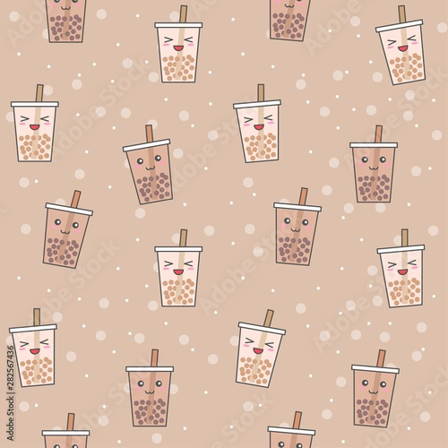 Bubble tea or Pearl milk tea cartoon seamless pattern