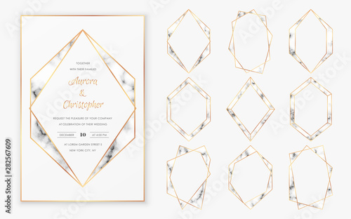 Gold polygonal crystal frames collection with trendy marble texture. Elegant decoration for wedding invitations, birthday cards, posters or other design purposes. Art deco style vector illustration.