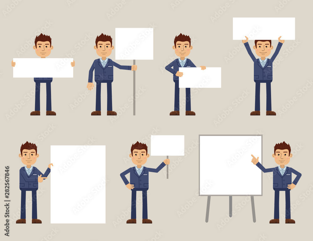 Set of businessman characters posing with different blank banners. Cheerful businessman with paper, poster, placard, pointing to whiteboard, teach, advertise, promote. Flat style vector illustration Set of businessman characters posing with different blank banners. Cheerful businessman with paper, poster, placard, pointing to whiteboard, teach, advertise, promote. Flat style vector illustration