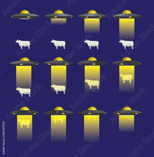 UFO Abduction 3D Cow Animate Cartoon Vector Illustration