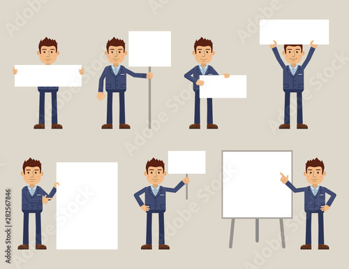 Set of businessman characters posing with different blank banners. Cheerful businessman with paper, poster, placard, pointing to whiteboard, teach, advertise, promote. Flat style vector illustration