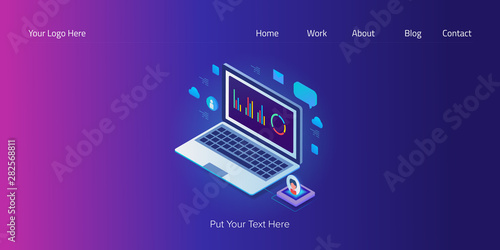 Crm -isometric design concept, business customer management, customer data analytic, web banner template.