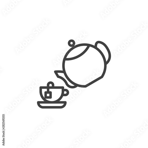 Tea brew line icon. linear style sign for mobile concept and web design. Teapot with cup and tea bag outline vector icon. Symbol, logo illustration. Vector graphics