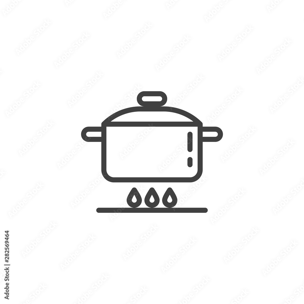 Cooking instruction line icon. Food preparation linear style sign for mobile concept and web design. Pan on gas stove outline vector icon. Symbol, logo illustration. Vector graphics