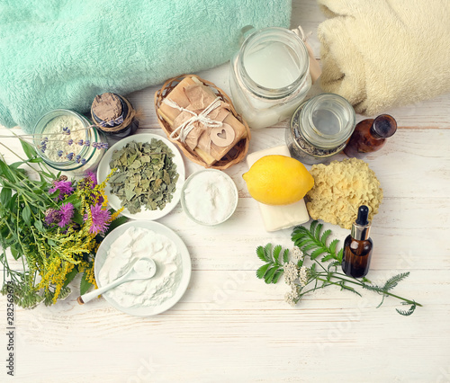 Eco friendly products for cleaning and care. DIY ingredients - essential oil, salt, bath soap, baking and washing soda, vinegar, lemon, lavender, flower. zero waste detergent. spa wellness background