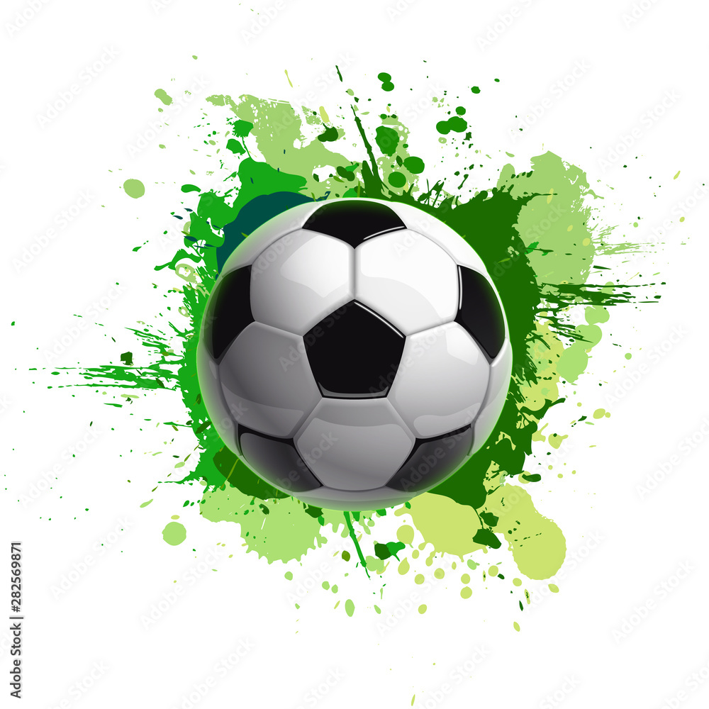 Fototapeta premium Projekt transparent mistrzostw piłki nożnej. Ilustracja baner z logo Realistyczna piłka nożna na białym tle na białym tle z zielonymi plamami. czarno-biała klasyczna skórzana piłka nożna
