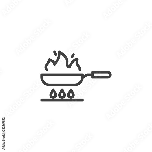 Frying on fire line icon. Frying pan on gas stove linear style sign for mobile concept and web design. Cooking process outline vector icon. Symbol, logo illustration. Vector graphics