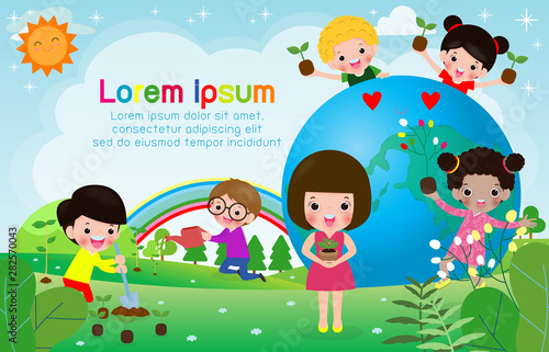 World Ozone Day, children love for the Earth and care for the environment, save the planet, save the world, ecology concept vector illustration isolated on background Template for advertising brochure