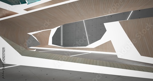 Abstract concrete, glass and wood interior with neon lighting. 3D illustration and rendering.