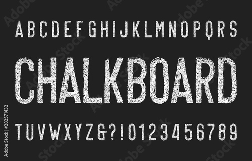 Chalk alphabet font. Narrow uppercase retro letters and numbers. Stock vector typeface.